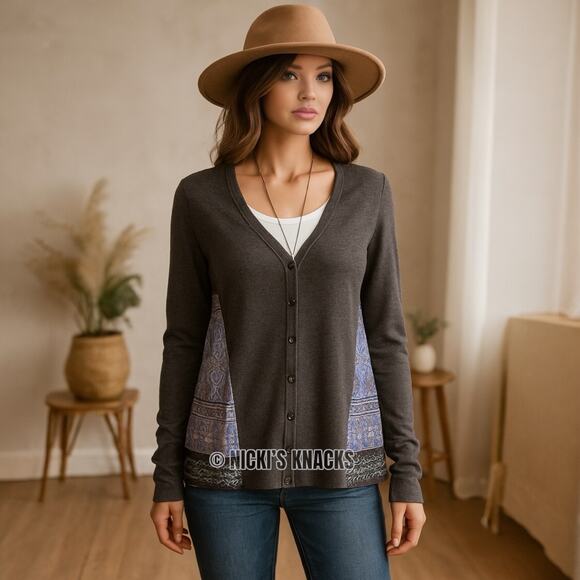 Subtle Luxury Cashmere Silk Cardigan Gray Button Front Boho Print Back Size XS/S - Picture 2 of 11